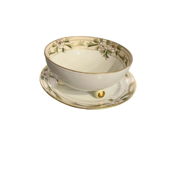 Nippon Hand Painted Floral Footed Bowl With Under Plate Vintage Gold Detail - Picture 9 of 9